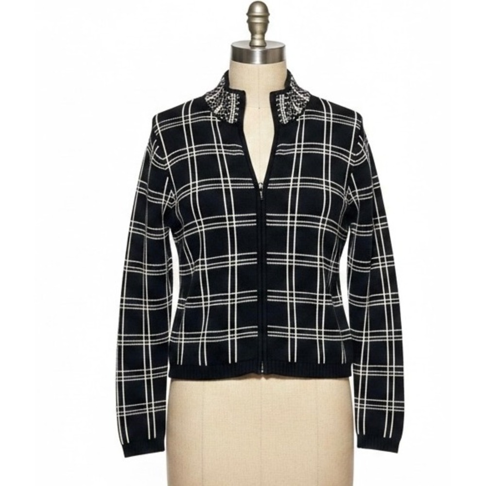 Talbots Womens Full Zip Cardigan Sweater Plaid Black White Medium